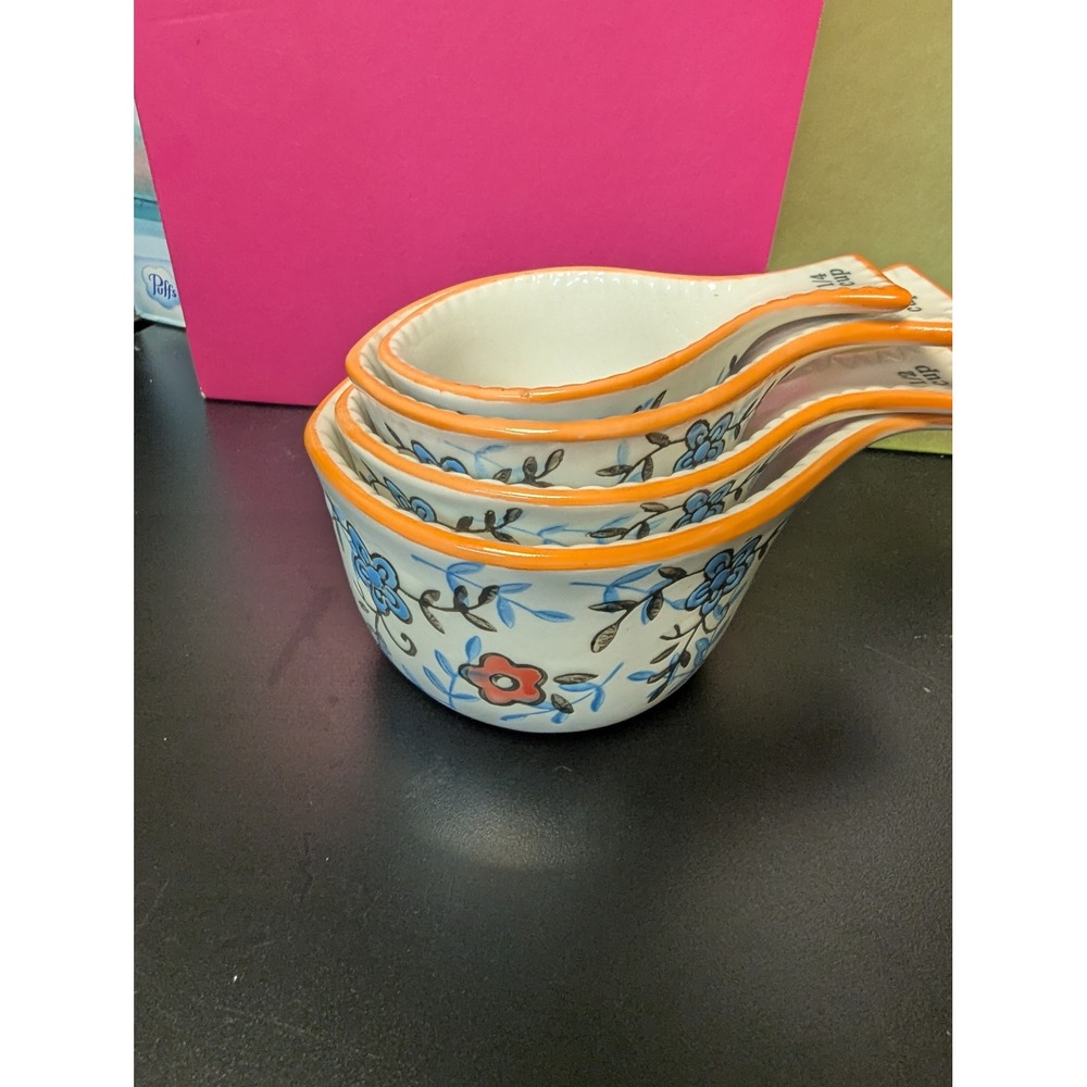 Dutch Wax Measuring Cups Ceramic Floral Handpainted Set of 4 Orange Blue